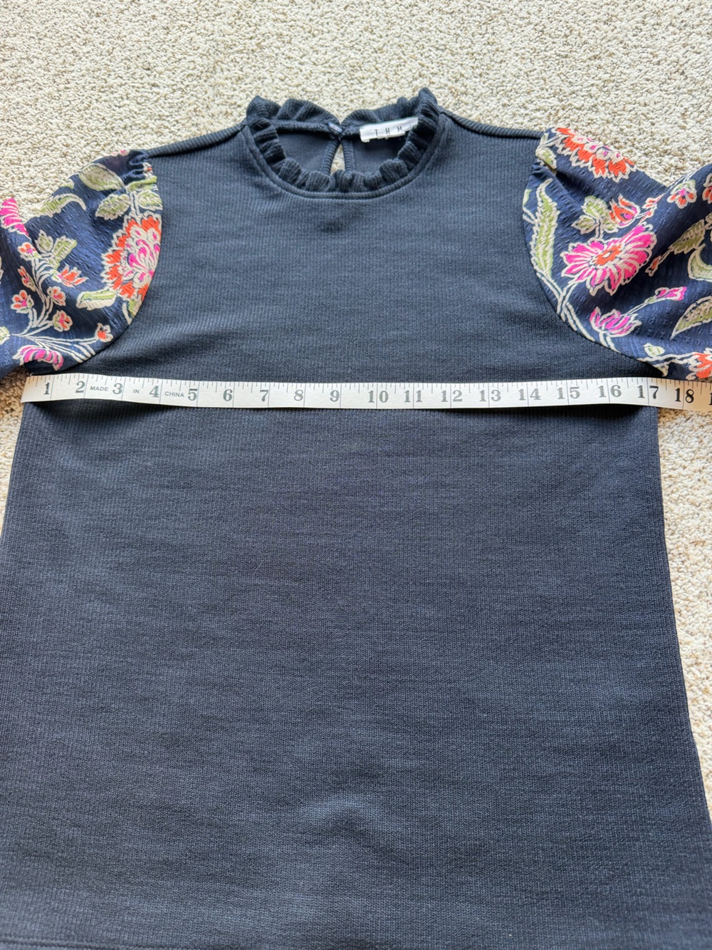 THML Sz XS Navy Floral Puff Sleeve Rib Knit Top Mock Neck Boho Cottagecore - Picture 9 of 11